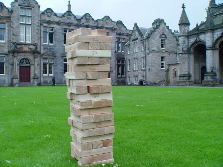 Garden games team building: giant Jenga set up at an event in St Andrews