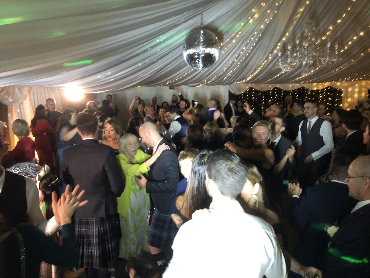 Wedding DJ Midlothian — guests dancing at Melville Castle, Lasswade, with Premier Disco providing the music