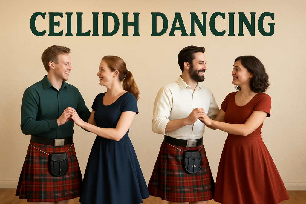 Two couples enjoying a ceilidh dance