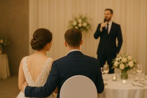 Wedding couple watching best man speech