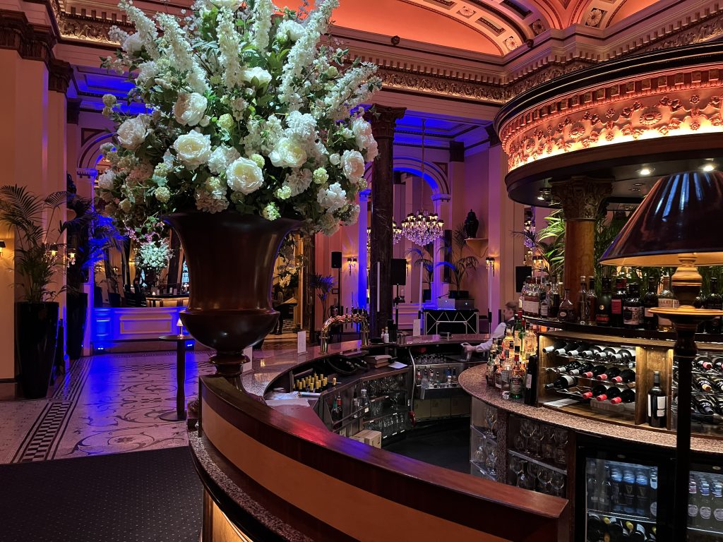 View from the bar at The Dome Edinburgh showing the event space set up for a 470-delegate corporate party — Premier Disco Scotland