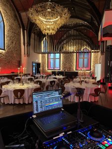 Corporate disco dance floor at Virgin Hotel Edinburgh — guests dancing in kilts and evening wear