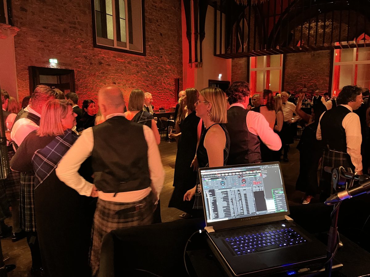 DJ partnerships Scotland — a partner DJ's professional booth setup at a corporate event in Edinburgh
