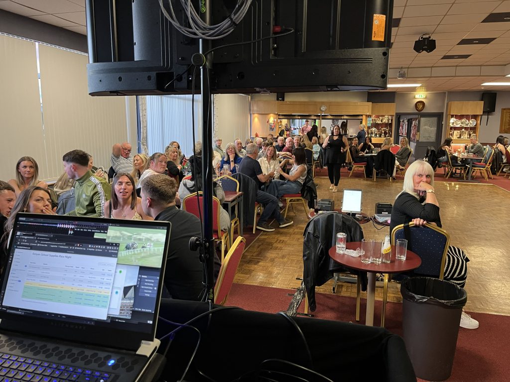 Race Night Full Room — Sighthill Bowling Club, Edinburgh - Premier Disco Scotland Fundraising race night Scotland: full room at Sighthill Bowling Club, Edinburgh, hosted by Premier Disco