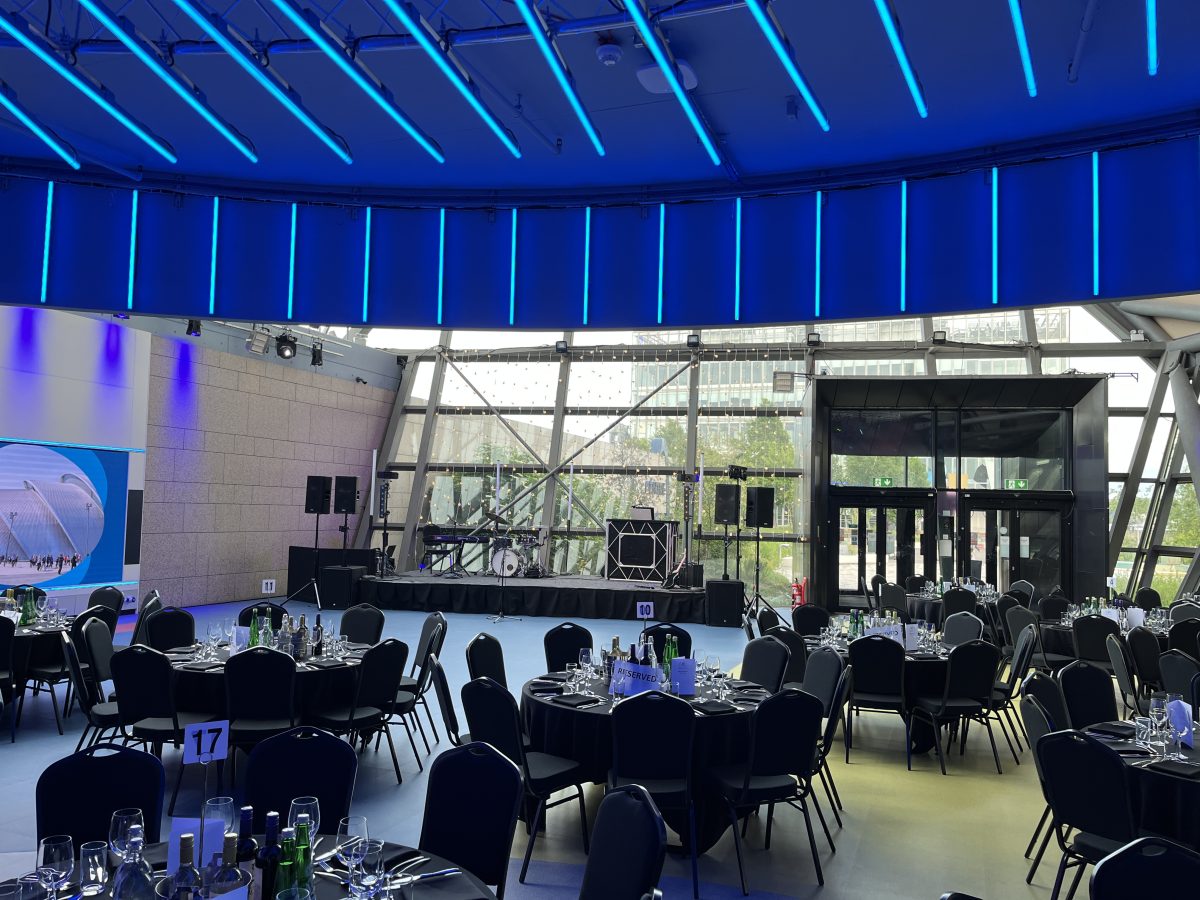 Glasgow Science Centre event venue overview — main hall with panoramic city views