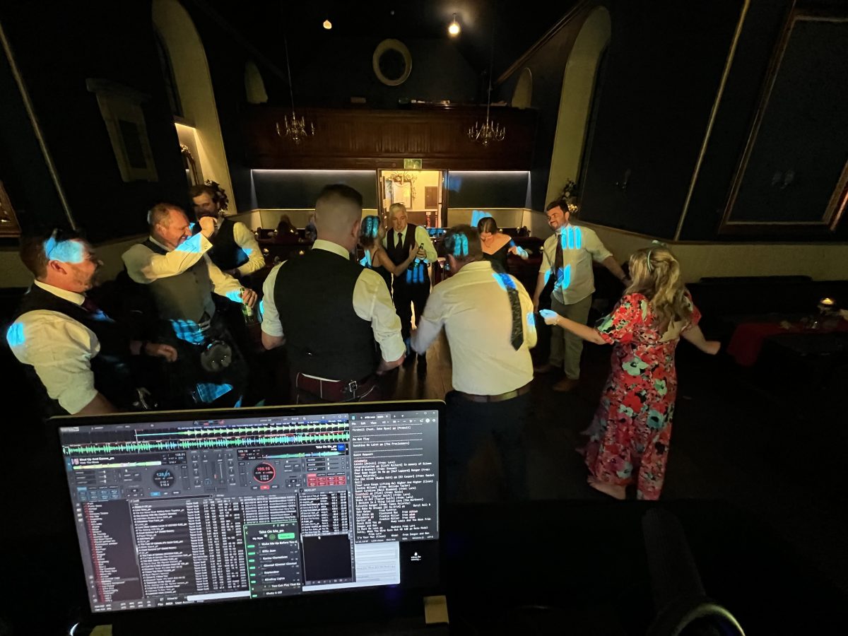 View from the DJ booth across the dancefloor at The Harbour Chapel Dunbar wedding