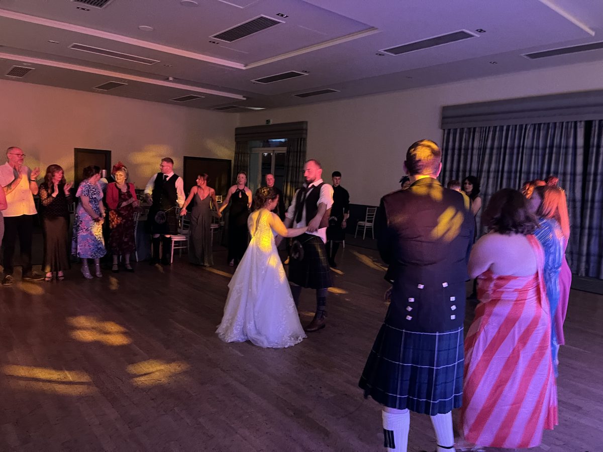 Meldrum House Hotel Bride Groom and guests dancing to Loch Lomond - Premier Disco Scotland Bride, groom and guests dancing together at Meldrum House Hotel wedding