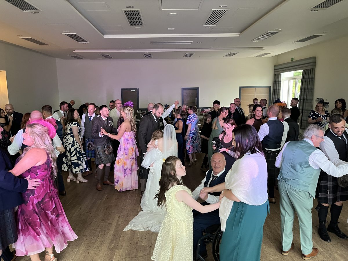 Meldrum House Hotel Full dance floor first dance - Premier Disco Scotland Full dancefloor during the first dance at Meldrum House Hotel wedding