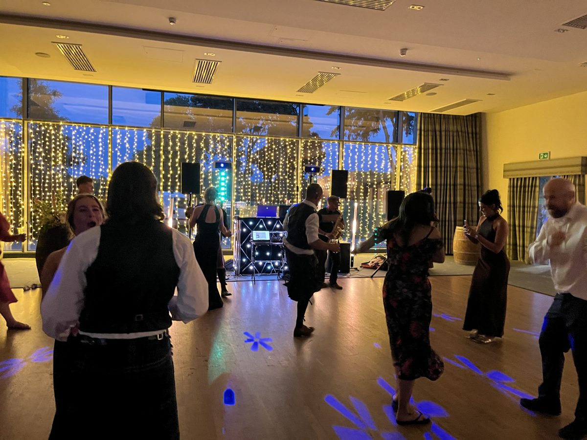 Meldrum House Hotel Set Up From Dance floor yellow blue gobos - Premier Disco Scotland Yellow and blue gobo lighting across the dancefloor at Meldrum House Hotel wedding