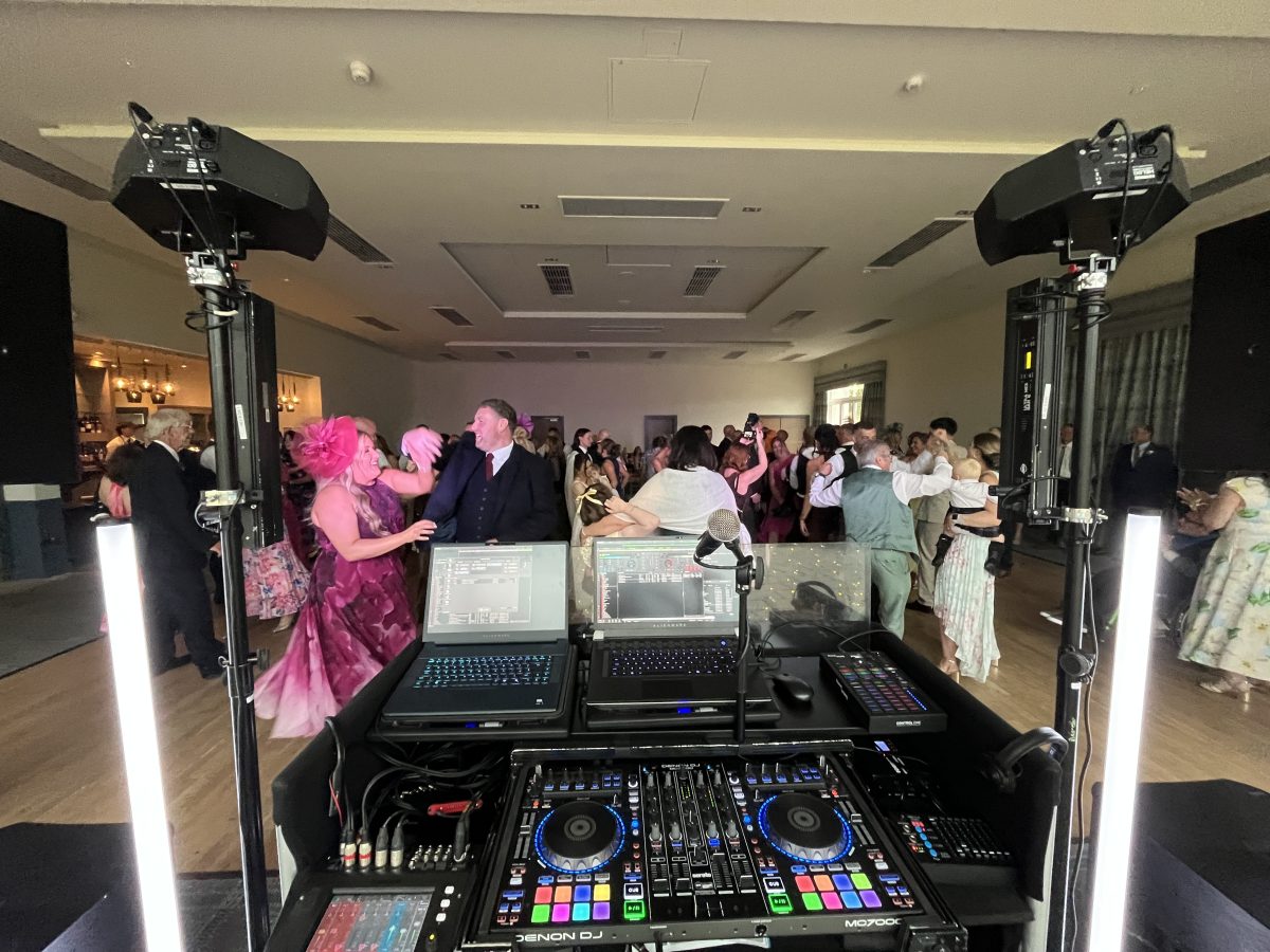 Meldrum House Hotel from behind Set Up - Premier Disco Scotland DJ booth set up from behind at Meldrum House Hotel wedding near Oldmeldrum