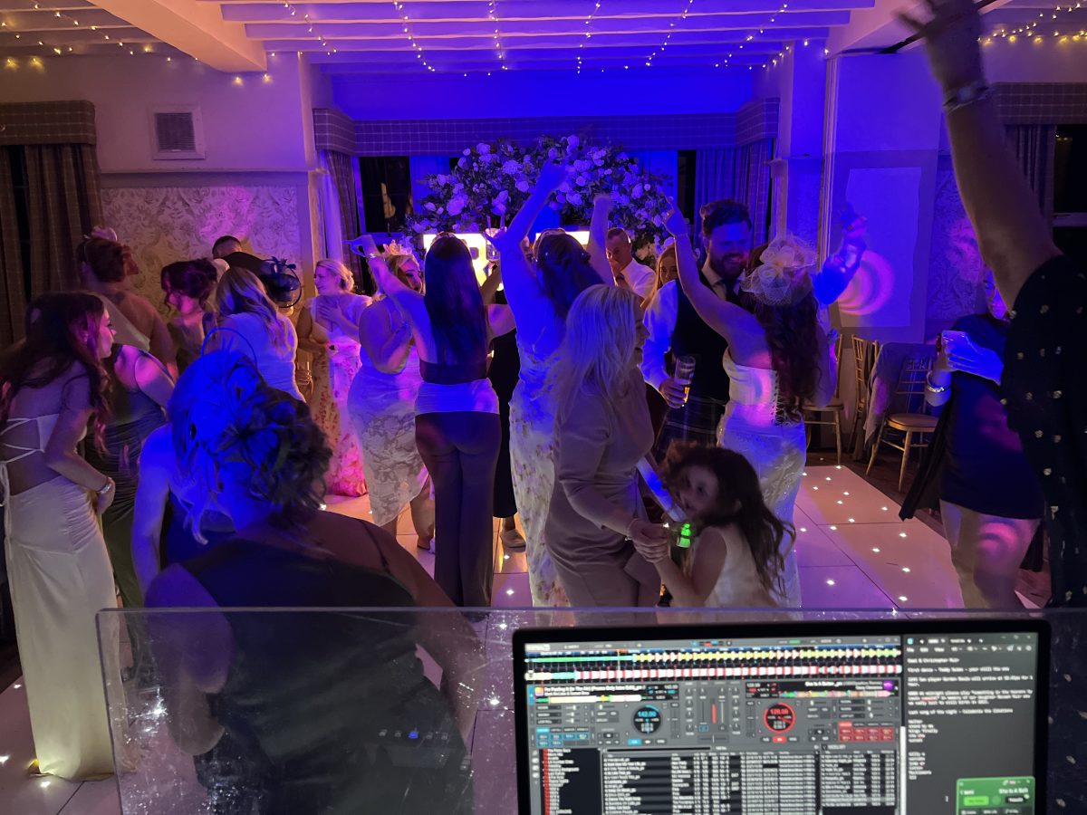 DJ setup and packed dance floor at a wedding at Stair Arms Hotel, Pathhead